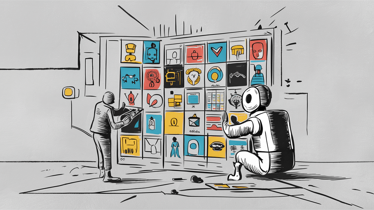 A human and an AI assistant work together on a large board of digital illustrations.