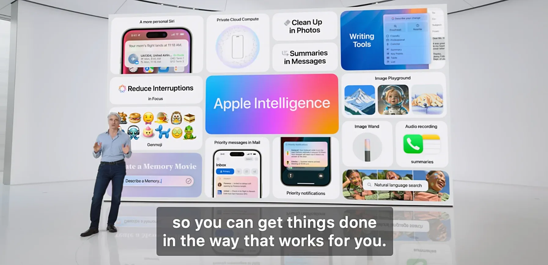 Apple Intelligence - A more personal Siri. Private Cloud Compute. Clean Up in Photos. Writing Tools. Summaries in Messages, Genmoji, Image Playground, Priority messages in Mail, Describe a Memory, Natural language search.