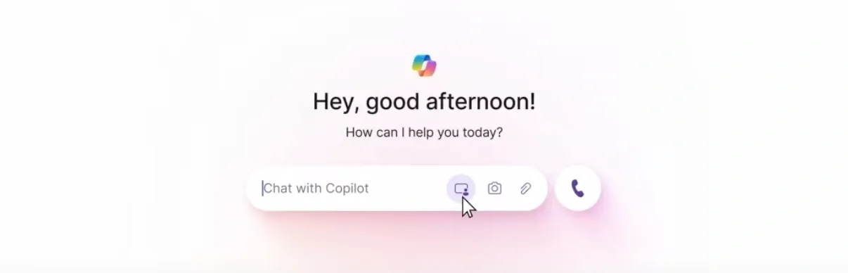 Chat with Copilot: [Text Input] [Screen Share] [Camera] [Attachment] [Phone]