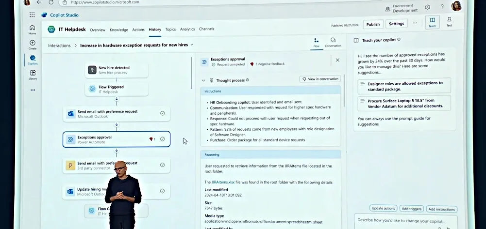 Satya Nadella at Microsoft Build 2024 with Copilot Studio shown in the background.