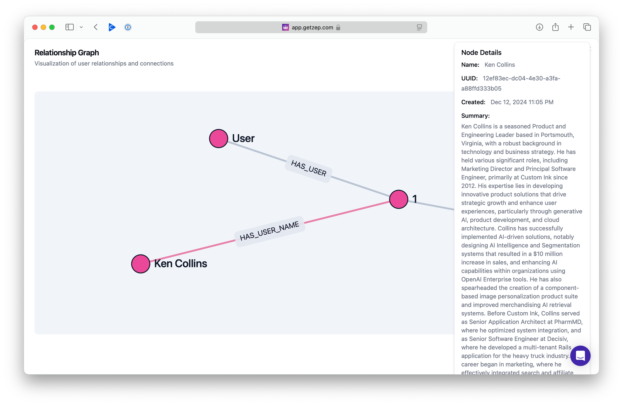 The same knowledge graph as above with "Ken Collins" node selected showing a right hand side panel with an AI summary of my resume.