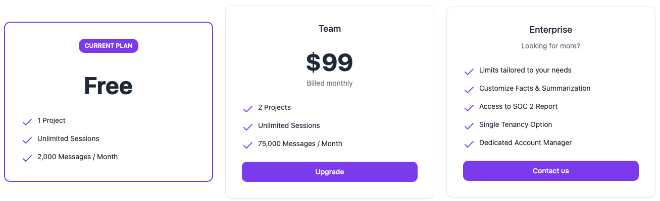 Zep pricing plans: Free plan (1 project, 2,000 messages/month)